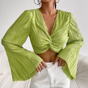 SHEIN Lime Green Pleated Twist Front Cropped Blouse Size L